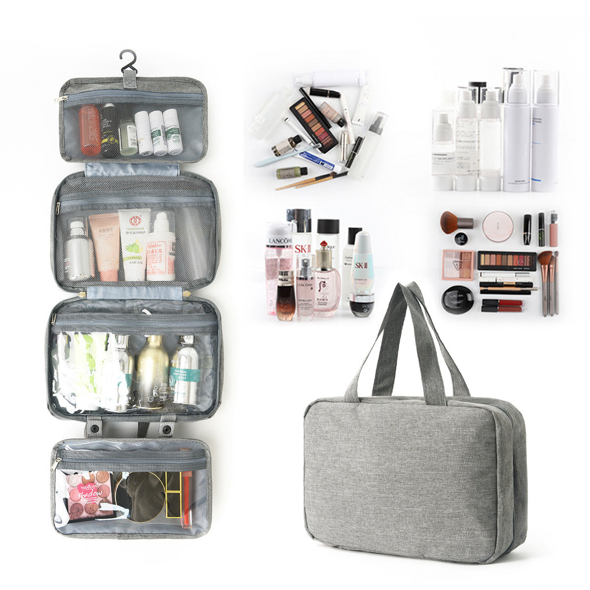 Gray Waterproof 4-Fold Hanging Toiletry Bag with Wet/Dry Separation for Australian Travel &amp; Cosmetics