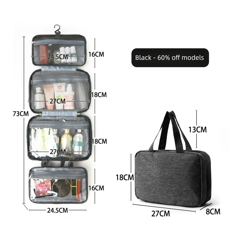Black Waterproof 4-Fold Hanging Toiletry Bag with Wet/Dry Separation for Australian Travel &amp; Cosmetics