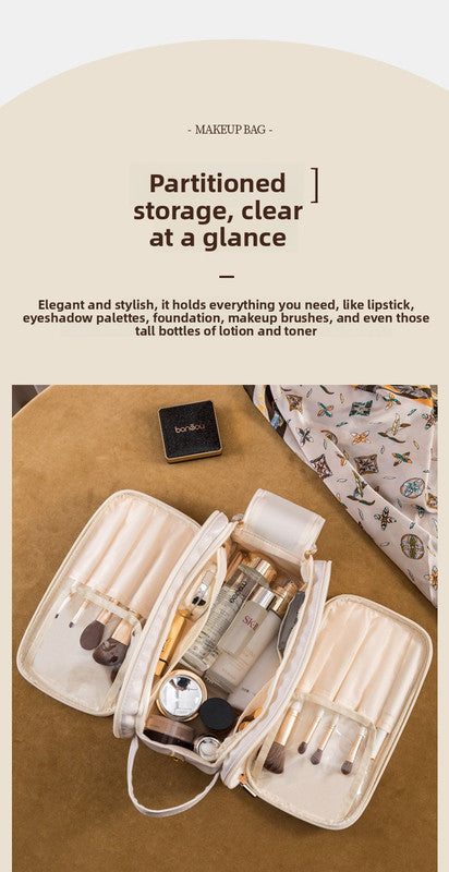 Black Large Capacity PU Leather Makeup Bag Dual Zipper Cosmetic Case Waterproof Travel Toiletry Organiser with Brush Compartment