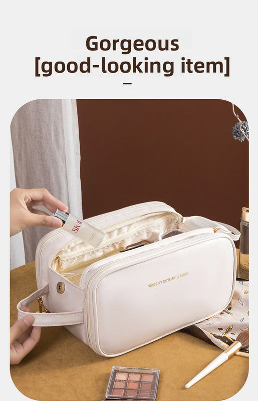 White Large Capacity PU Leather Makeup Bag Dual Zipper Cosmetic Case Waterproof Travel Toiletry Organiser with Brush Compartment