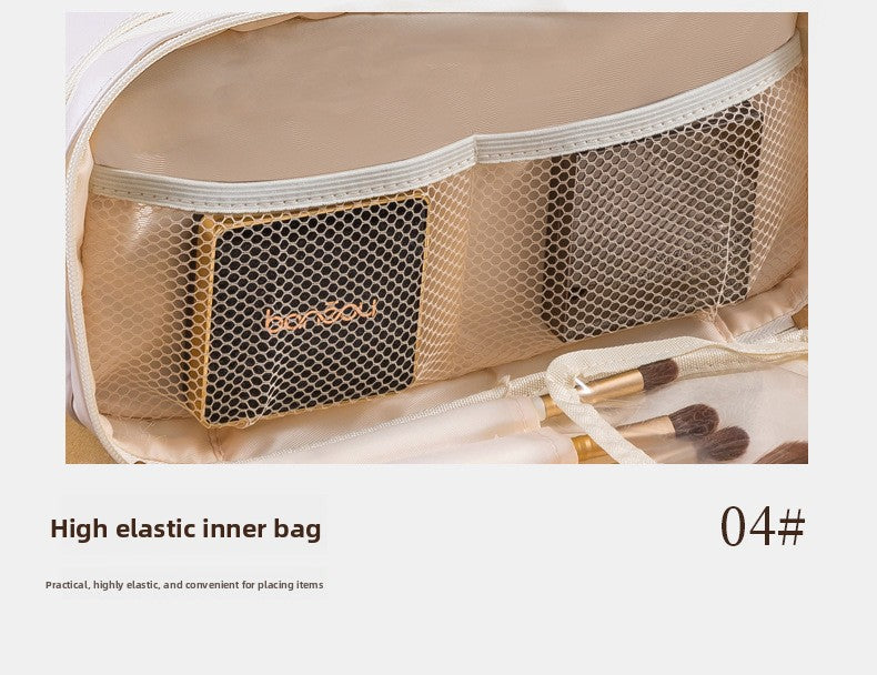 Brown Large Capacity PU Leather Makeup Bag Dual Zipper Cosmetic Case Waterproof Travel Toiletry Organiser with Brush Compartment