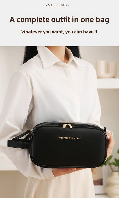 Brown Large Capacity PU Leather Makeup Bag Dual Zipper Cosmetic Case Waterproof Travel Toiletry Organiser with Brush Compartment