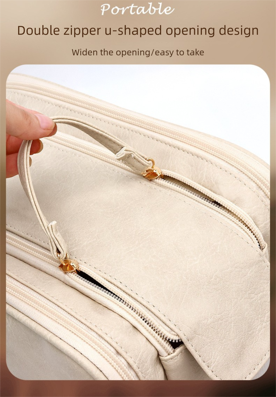 Luxury Cream Beige Large Capacity Makeup Bag – 3-Layer Double Zipper Travel Toiletry Organizer with Waterproof TPU Brush Holders