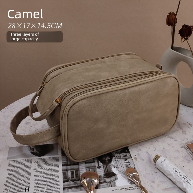Luxury Camel Colour Large Capacity Makeup Bag – 3-Layer Double Zipper Travel Toiletry Organizer with Waterproof TPU Brush Holders