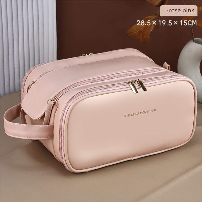 Large Pink PU Leather Makeup Bag Dual Zipper Cosmetic Travel Case Waterproof Toiletry Organiser with Brush Compartment