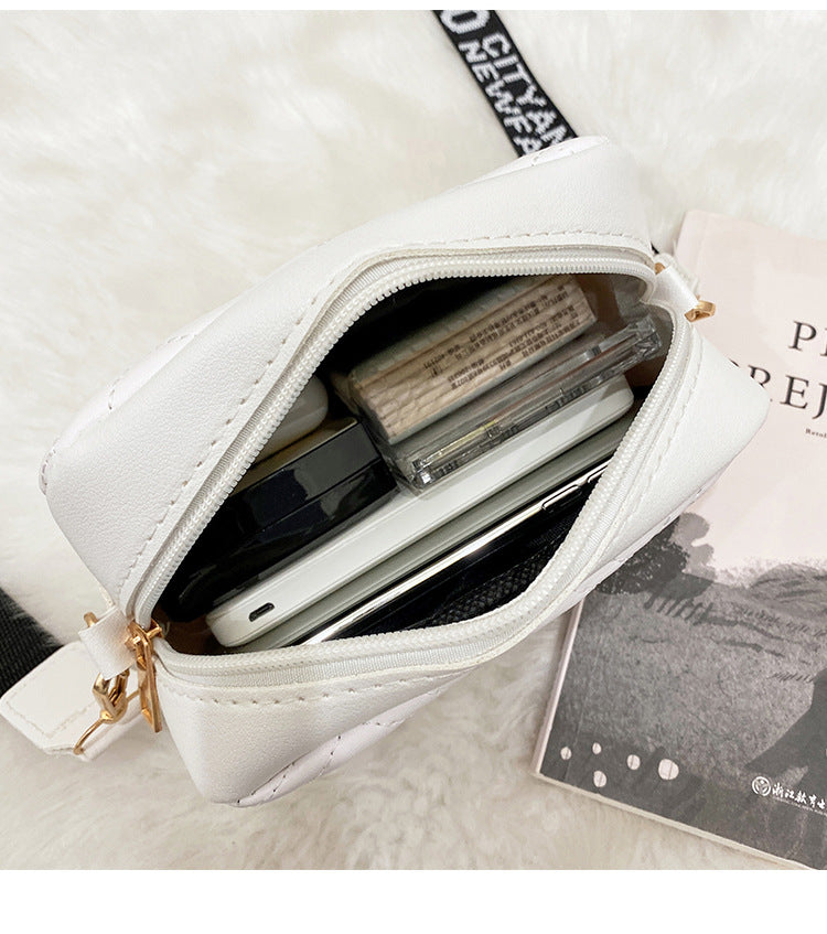 Women's Black Quilted Crossbody Bag Small PU Leather Shoulder Purse with Wide Patterned Strap Ideal for Travel and Daily Use