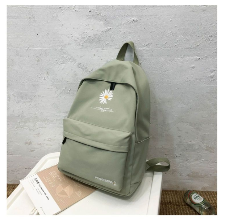 Daisy Embroidered Waterproof Backpack School Bag Green Nylon Laptop Daypack for High School Uni and Travel