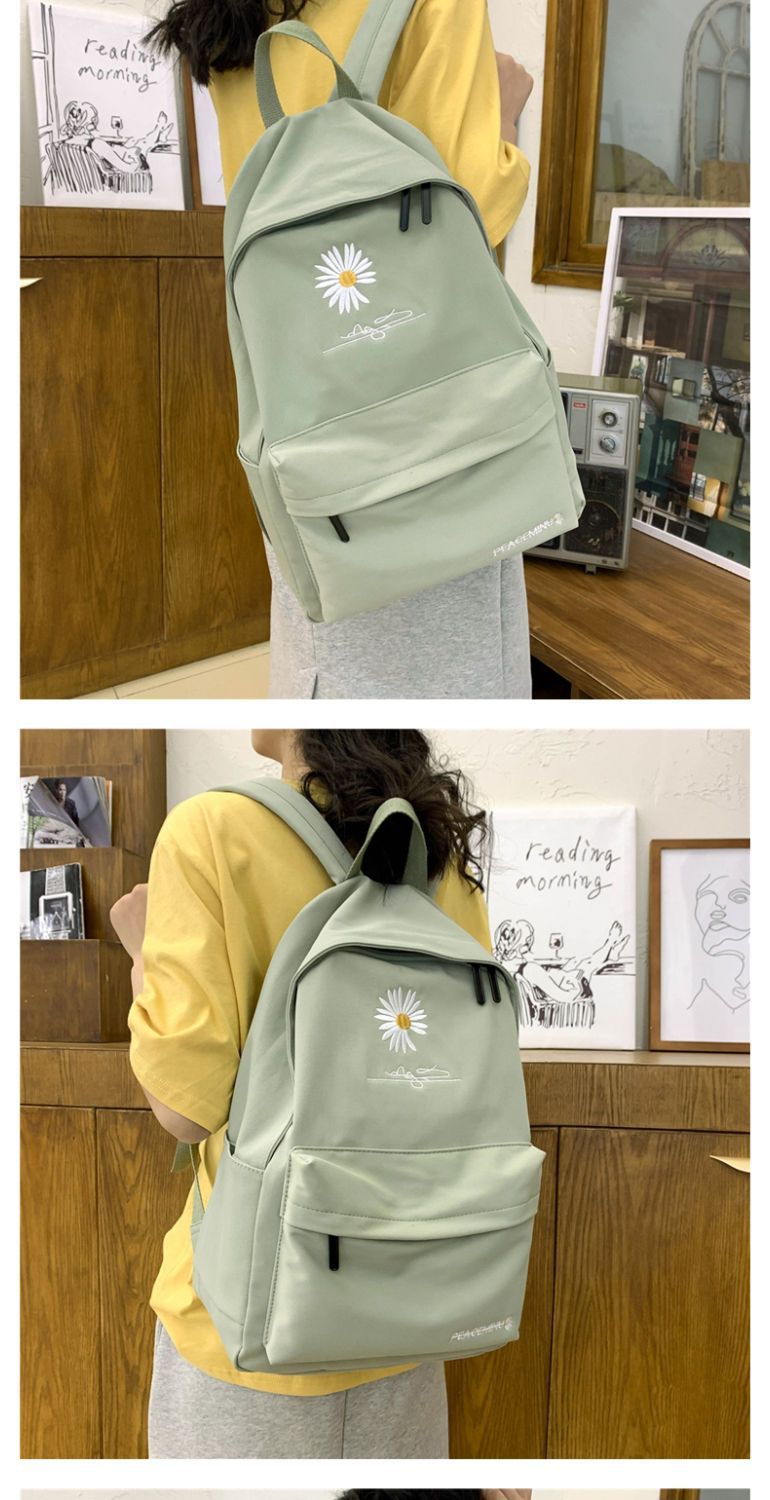 Daisy Embroidered Waterproof Backpack School Bag Green Nylon Laptop Daypack for High School Uni and Travel