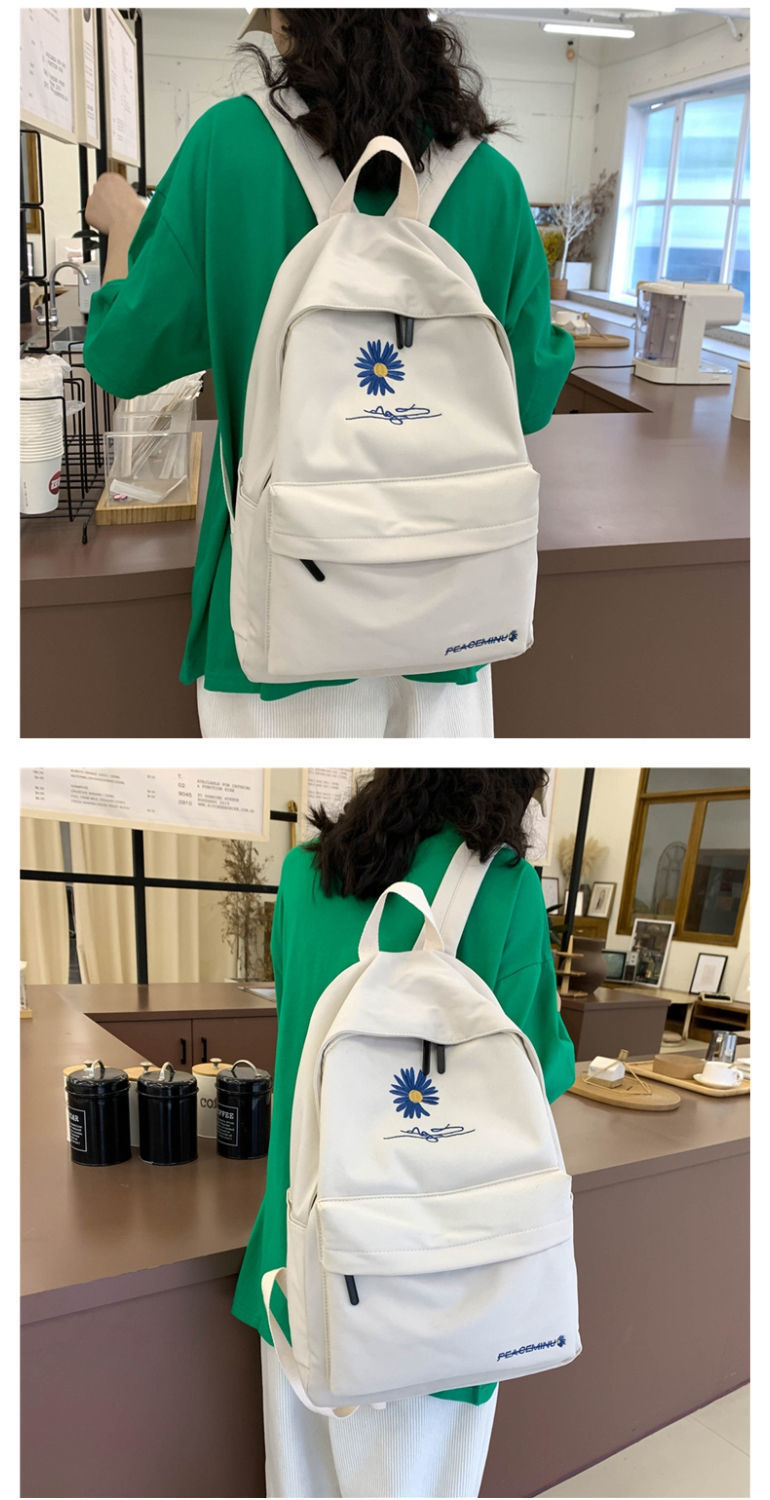 Daisy Embroidered Waterproof Backpack School Bag Black Nylon Laptop Daypack for High School Uni and Travel