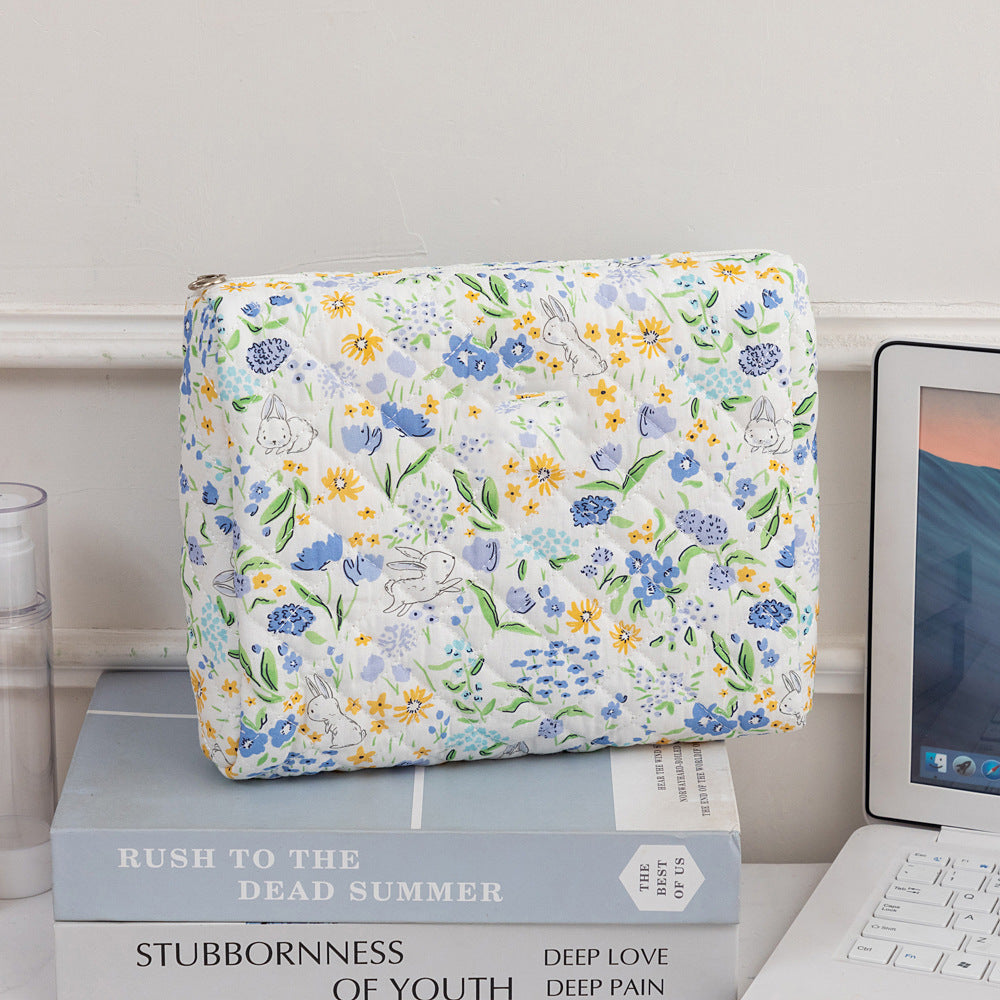 3SET Quilted Floral Makeup Bag Collection Cute Rabbit Pattern Cosmetic Pouch &Travel Toiletry Organizer & Pencil Case for School and Home