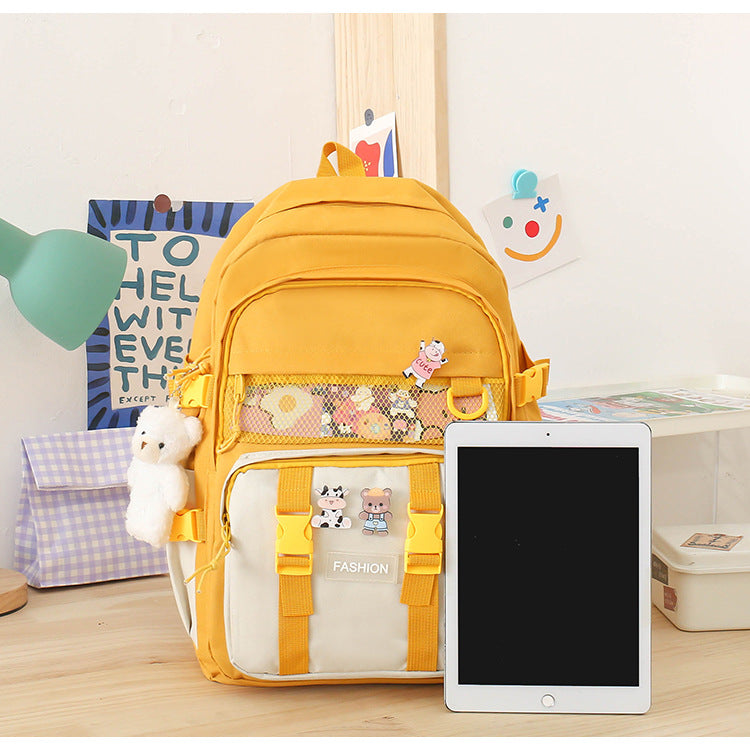 5 Piece Aesthetic School Backpack Set Yellow Oxford Fabric Fits 14 Inch Laptop