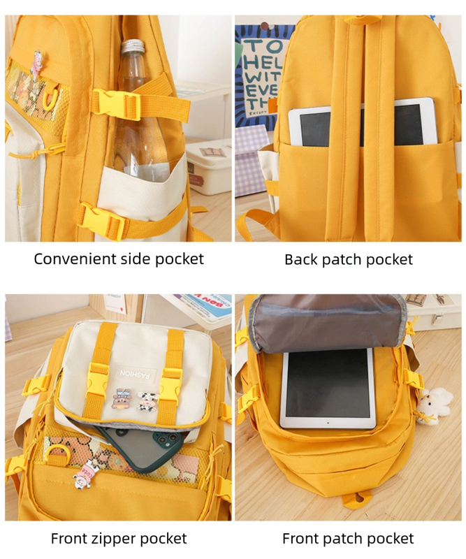 5 Piece Aesthetic School Backpack Set Yellow Oxford Fabric Fits 14 Inch Laptop