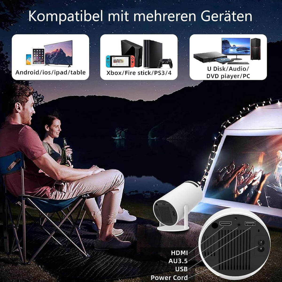 Smart Portable Projector HY300 Native 720P Support 4K 180 Degree Rotatable Home Cinema Dual WiFi 6 Bluetooth 5.0 Auto Keystone White