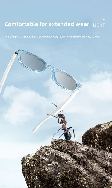 White Smart Audio Glasses with Photochromic Anti-Blue Light Lenses Open-Ear Bluetooth 5.4 Headset Hands-Free Calling & Music