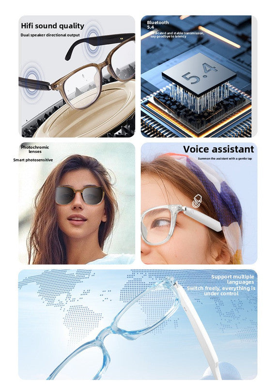 Coffee brown Smart Audio Glasses with Photochromic Anti-Blue Light Lenses Open-Ear Bluetooth 5.4 Headset Hands-Free Calling & Music