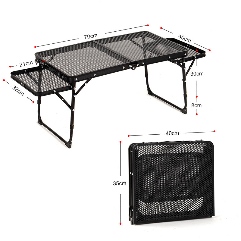 Black Portable Camping Table Heat Resistant Steel Mesh Top Foldable BBQ Desk with Side Wings Adjustable Height Aluminium Frame for Outdoor Picnic