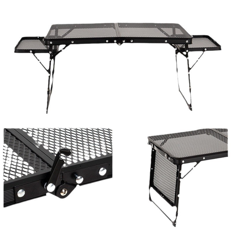 Black Portable Camping Table Heat Resistant Steel Mesh Top Foldable BBQ Desk with Side Wings Adjustable Height Aluminium Frame for Outdoor Picnic