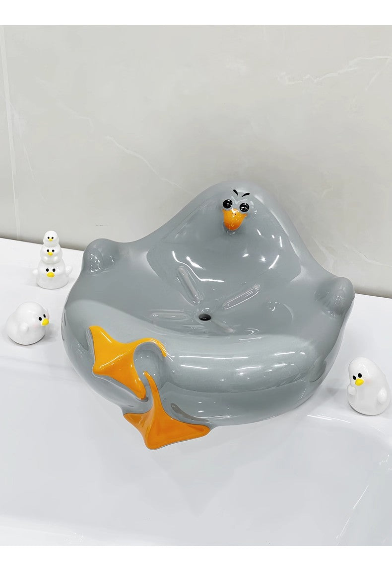 Grey Ceramic Seagull Soap Dish with Drainage Cute Cartoon Animal Soap Bar Holder for Bathroom Kitchen Sink Novelty Home Decor
