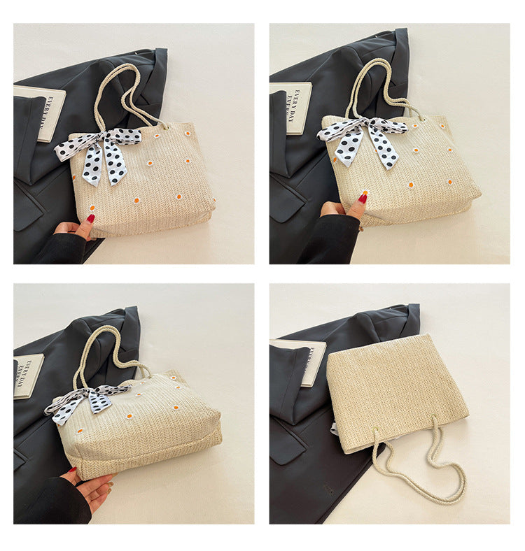 Khaki Women's Straw Woven Tote Bag Summer Daisy Embroidery Shoulder Handbag with Ribbon Scarf