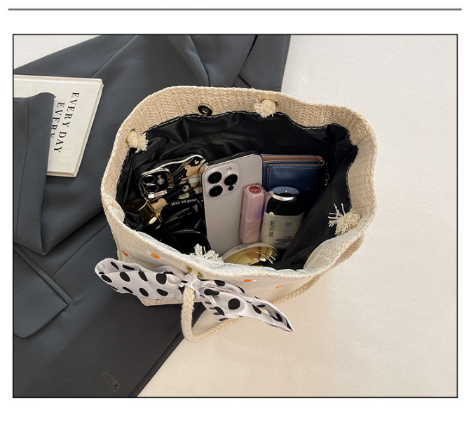 Khaki Women's Straw Woven Tote Bag Summer Daisy Embroidery Shoulder Handbag with Ribbon Scarf