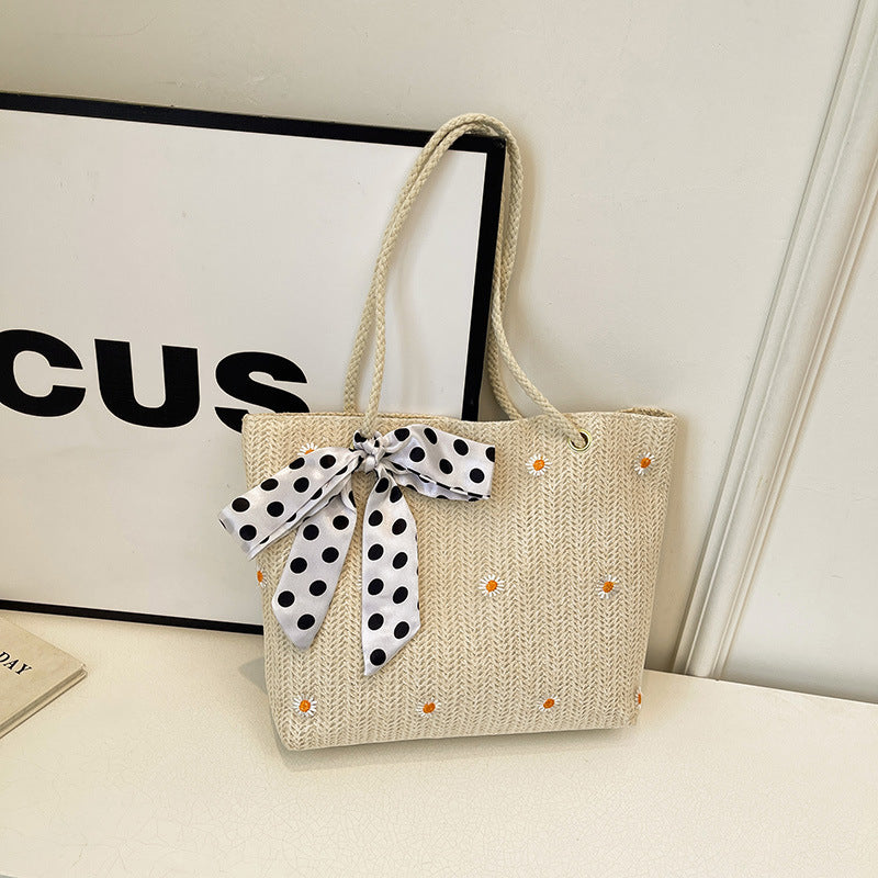 White Women's Straw Woven Tote Bag Summer Daisy Embroidery Shoulder Handbag with Ribbon Scarf