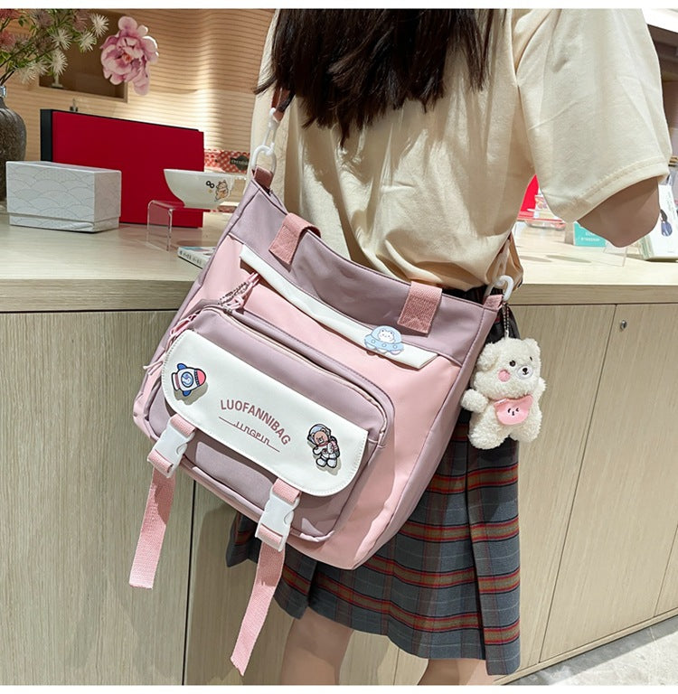 Women's Kawaii Black Shoulder Bag with Cute Bear Plush Charm and 4 Badges Large Capacity Nylon Tote School Handbag