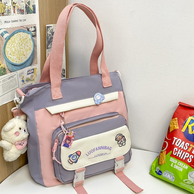 Women&#39;s Kawaii Purple Shoulder Bag with Cute Bear Plush Charm and 4 Badges Large Capacity Nylon Tote School Handbag