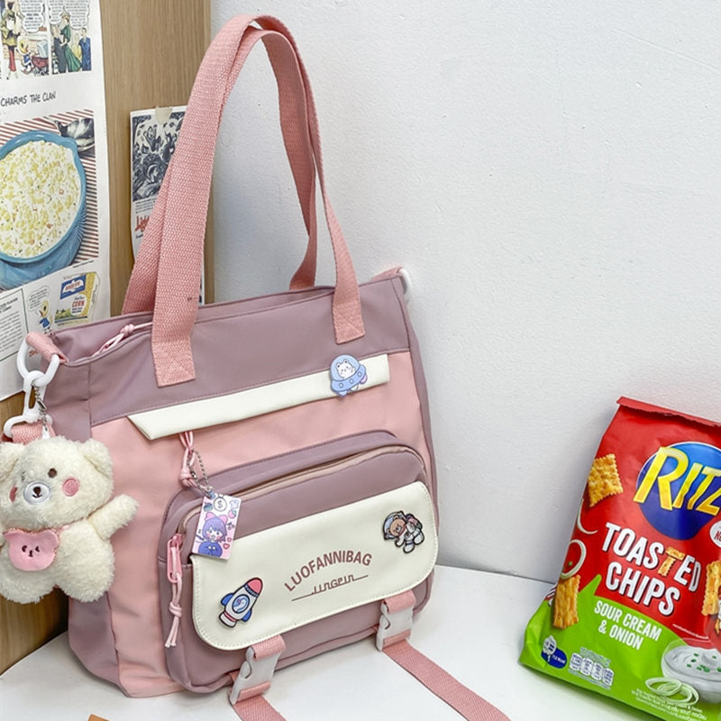 Women&#39;s Kawaii Pink Shoulder Bag with Cute Bear Plush Charm and 4 Badges Large Capacity Nylon Tote School Handbag
