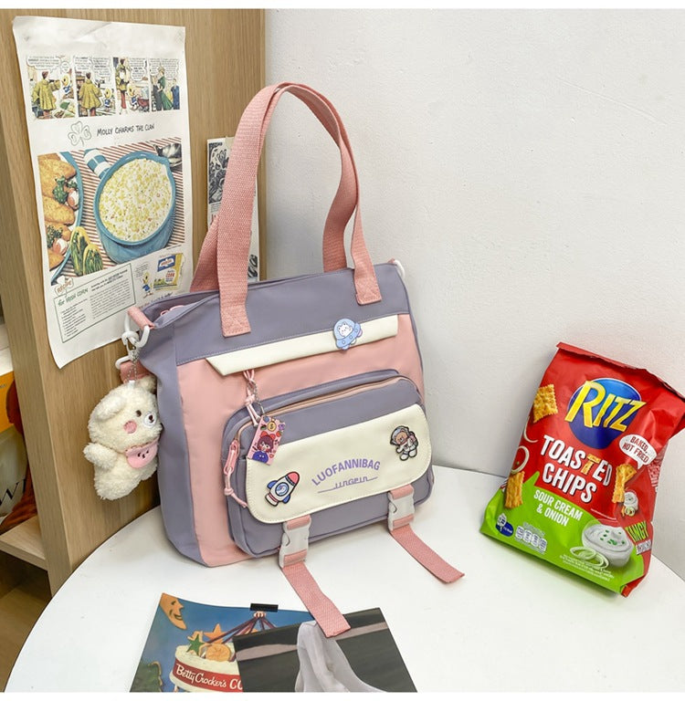 Women's Kawaii Pink Shoulder Bag with Cute Bear Plush Charm and 4 Badges Large Capacity Nylon Tote School Handbag