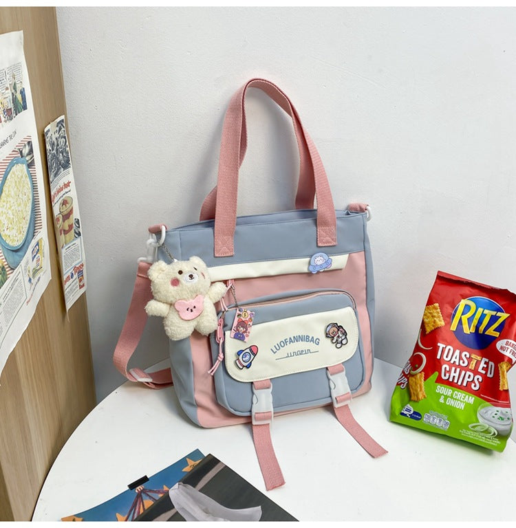 Women's Kawaii Pink Shoulder Bag with Cute Bear Plush Charm and 4 Badges Large Capacity Nylon Tote School Handbag