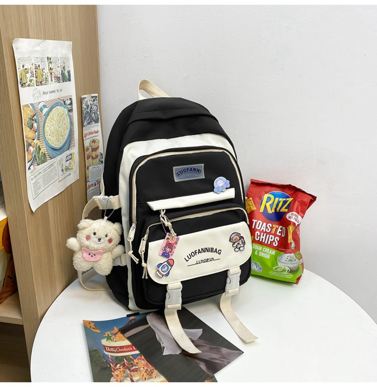 Women's Large Aesthetic School Backpack Black Nylon Daypack with Cute Bear Plushie & Pins For High School and University