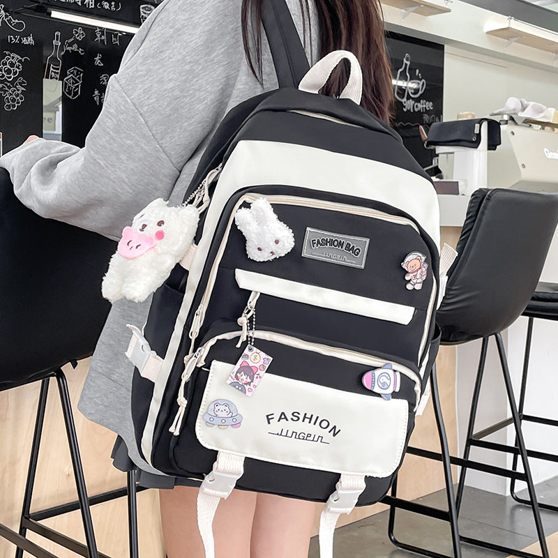 Women's Large Aesthetic School Backpack Black Nylon Daypack with Cute Bear Plushie & Pins For High School and University