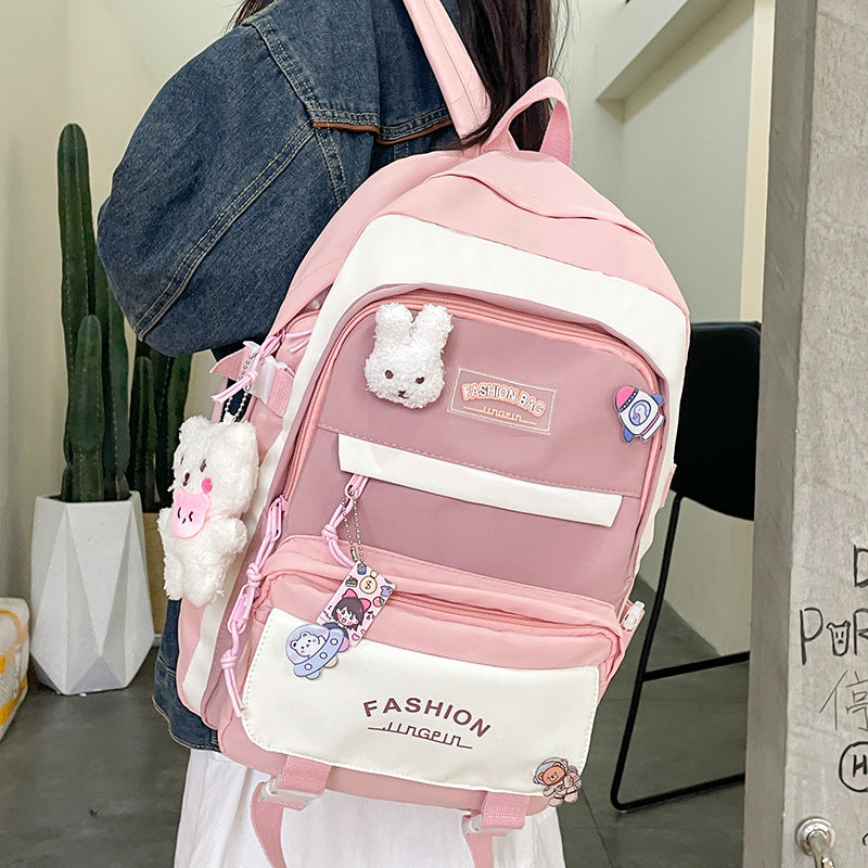 Women's Large Aesthetic School Backpack Pink Nylon Daypack with Cute Bear Plushie & Pins For High School and University