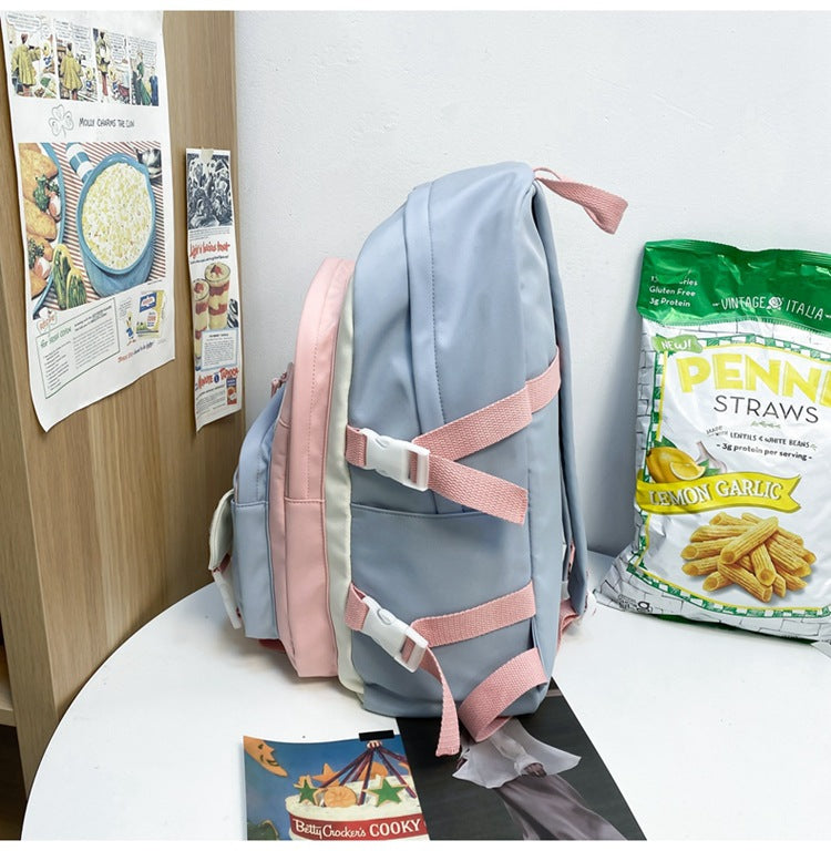 Women's Large Aesthetic School Backpack Pink Nylon Daypack with Cute Bear Plushie & Pins For High School and University