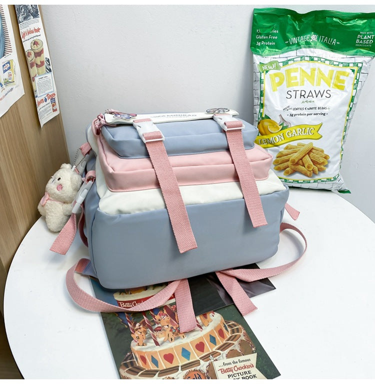 Women's Large Aesthetic School Backpack Pink Nylon Daypack with Cute Bear Plushie & Pins For High School and University