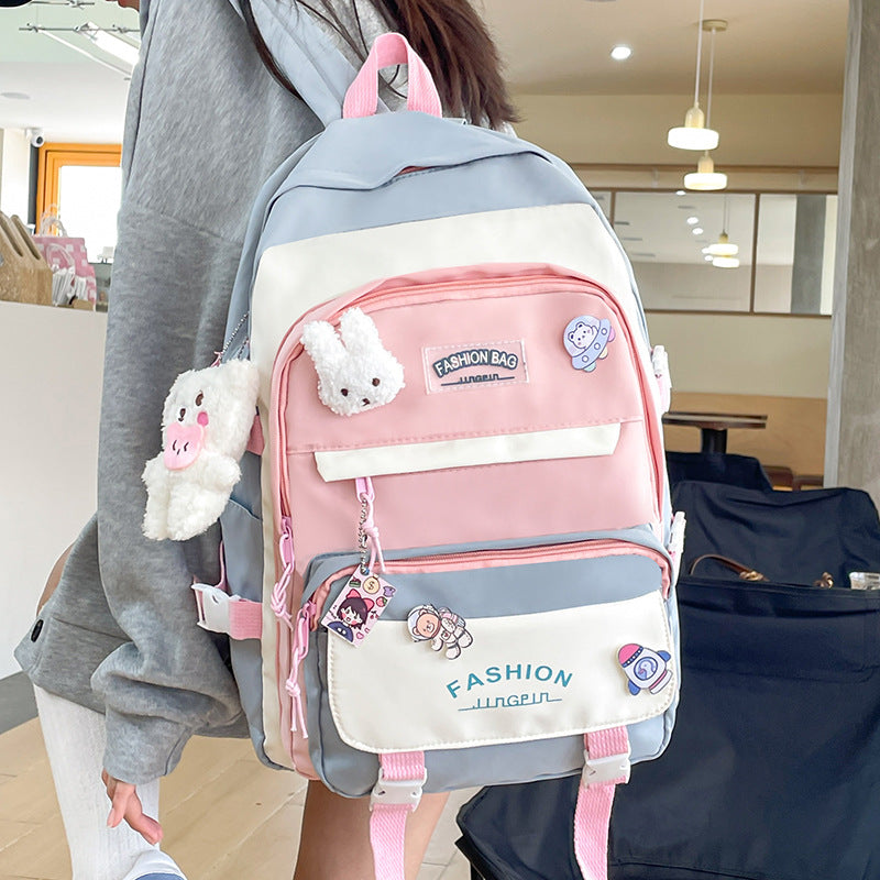 Women's Large Aesthetic School Backpack Blue Nylon Daypack with Cute Bear Plushie & Pins For High School and University