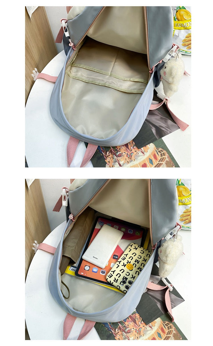 Women's Large Aesthetic School Backpack Blue Nylon Daypack with Cute Bear Plushie & Pins For High School and University