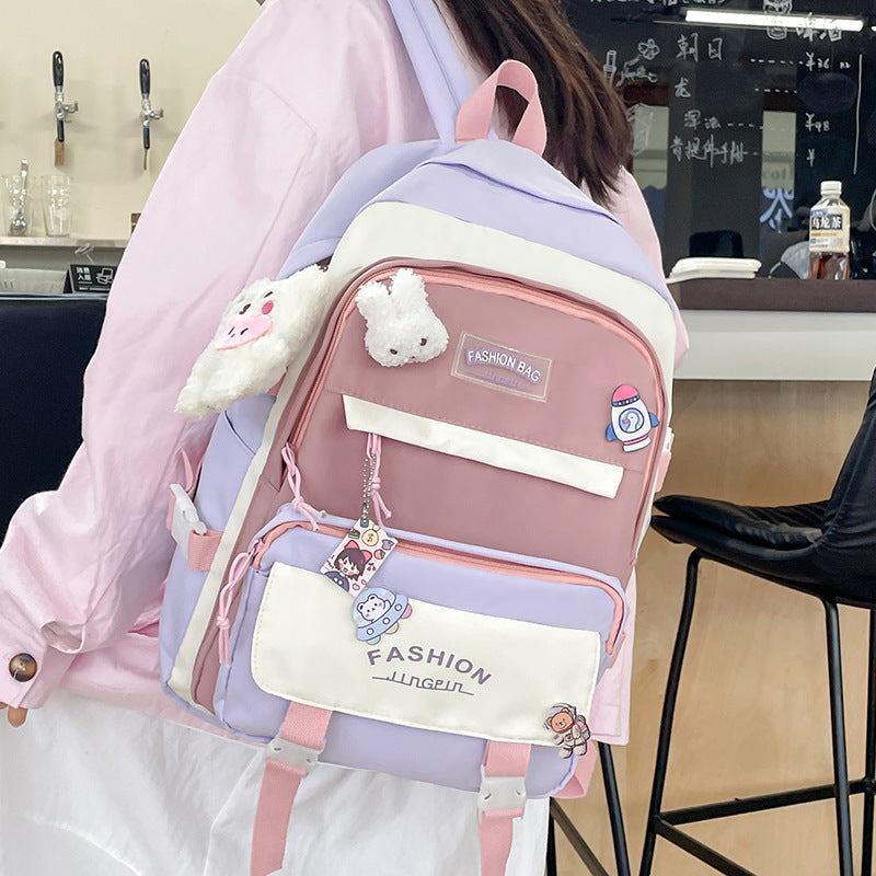 Women&#39;s Large Aesthetic School Backpack Purple Nylon Daypack with Cute Bear Plushie &amp; Pins For High School and University