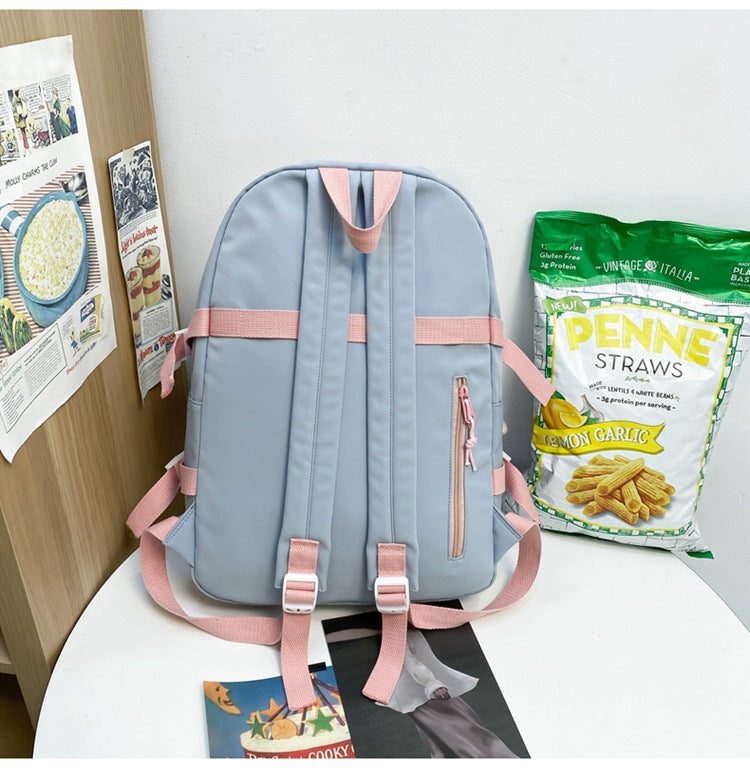 Women's Large Aesthetic School Backpack Purple Nylon Daypack with Cute Bear Plushie & Pins For High School and University