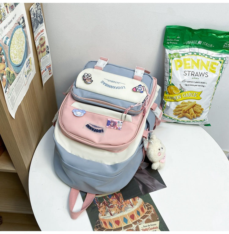 Women's Large Aesthetic School Backpack Purple Nylon Daypack with Cute Bear Plushie & Pins For High School and University