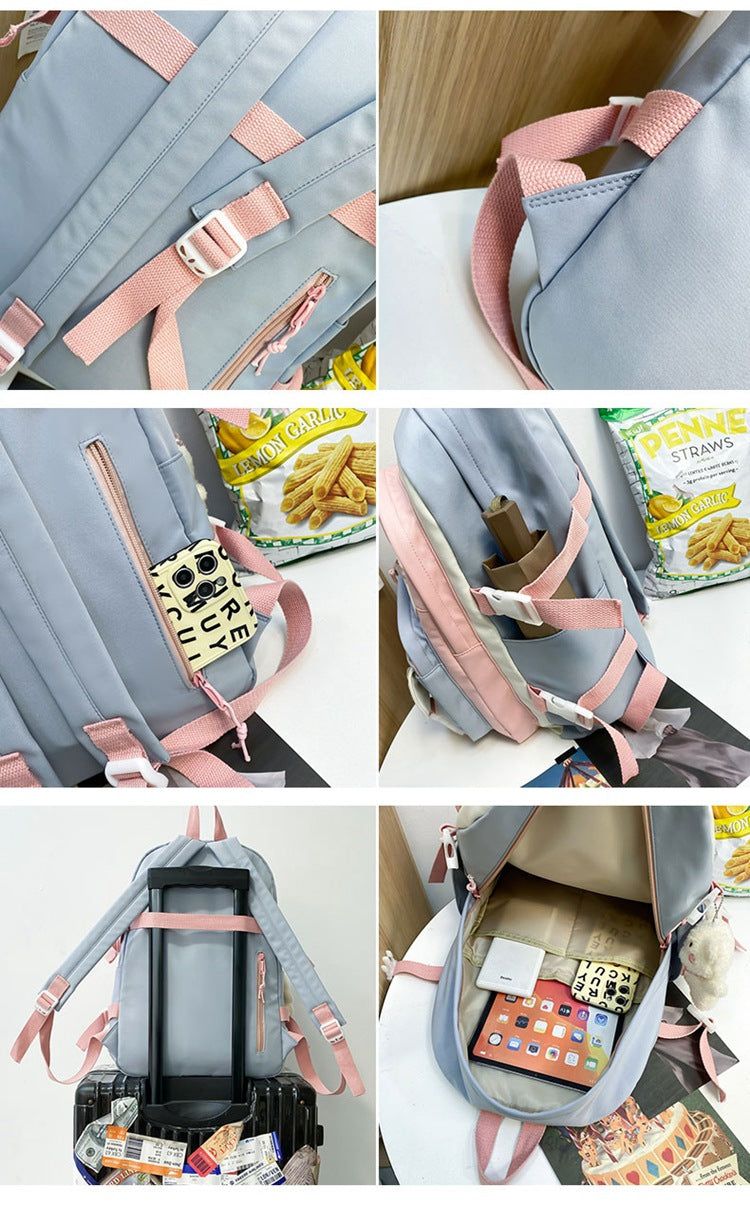 Women's Large Aesthetic School Backpack Purple Nylon Daypack with Cute Bear Plushie & Pins For High School and University