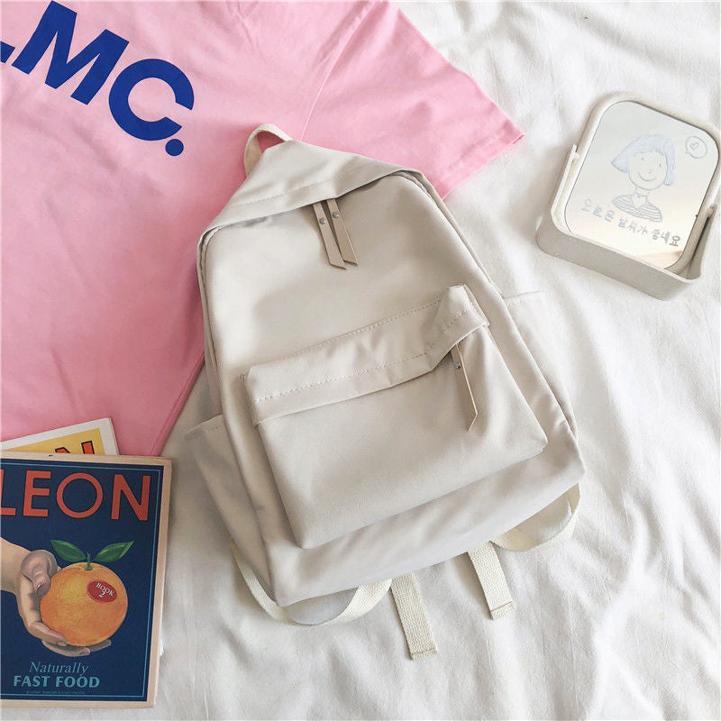 Aesthetic Off-white School Backpack with Cute Bear Plushie and Pin Large Capacity Nylon Laptop Daypack for High School and Uni Students