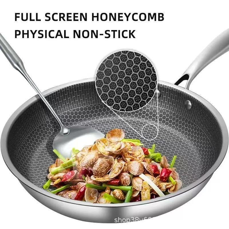 Stainless Steel Non-Stick Frying Pan 26CM Honeycomb Wok Skillet with Lid Induction Compatible Cookware Silver