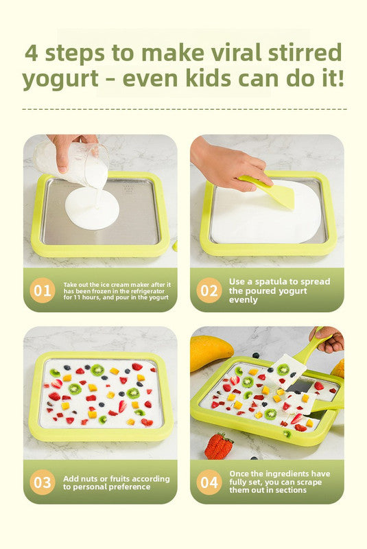 Green DIY Rolled Ice Cream Maker Pan Instant Frozen Yoghurt & Sorbet Tray 304 Stainless Steel No Electricity Required with Spatulas