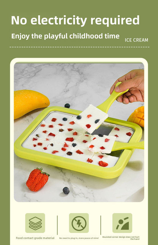 Green DIY Rolled Ice Cream Maker Pan Instant Frozen Yoghurt & Sorbet Tray 304 Stainless Steel No Electricity Required with Spatulas