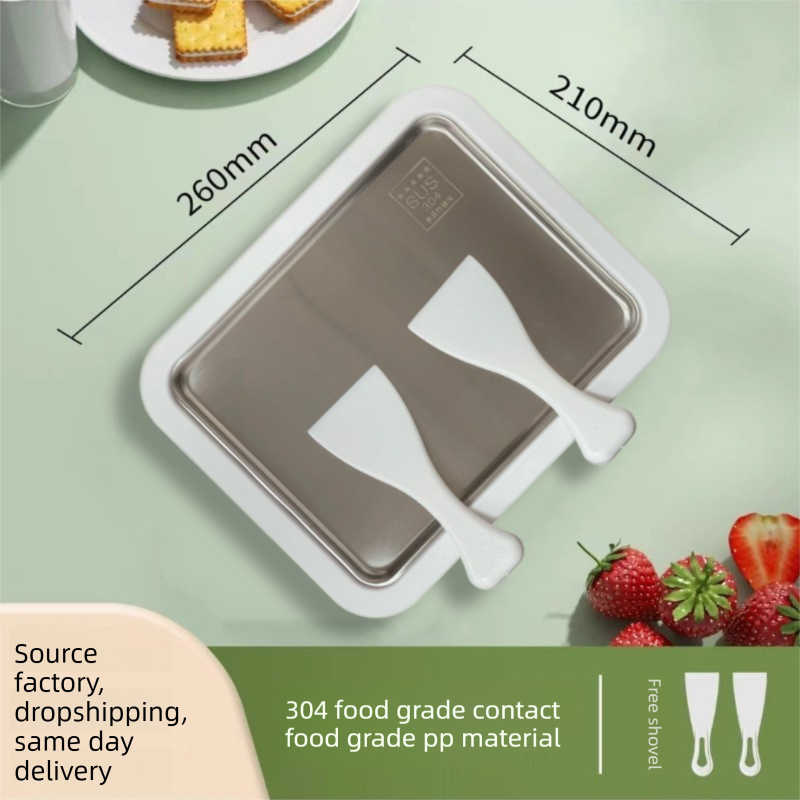 White DIY Rolled Ice Cream Maker Pan Instant Frozen Yoghurt &amp; Sorbet Tray 304 Stainless Steel No Electricity Required with Spatulas