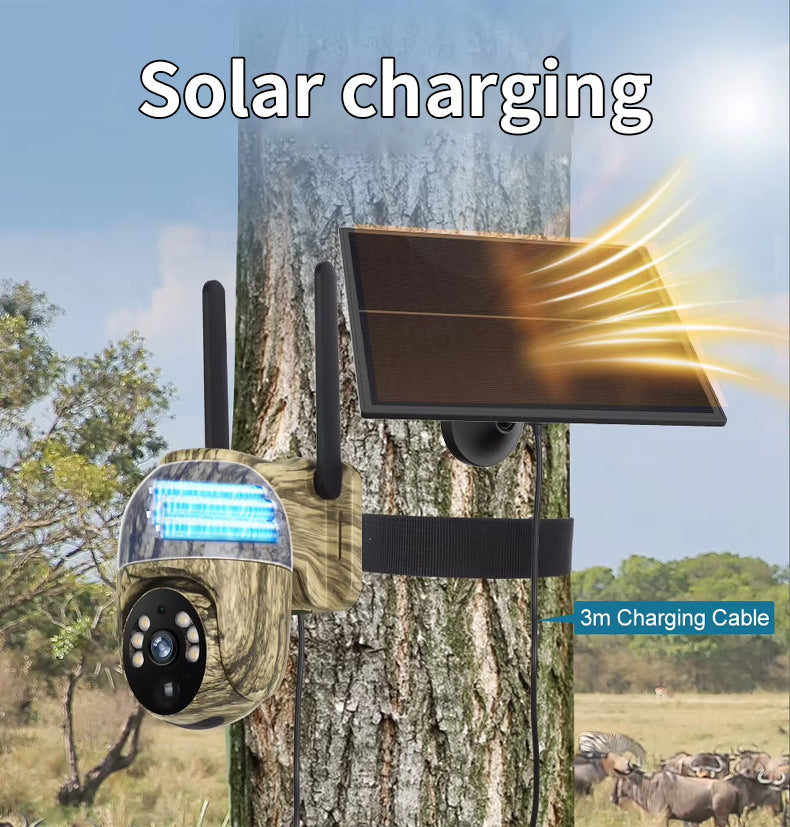 4MP Solar Security Camera Wireless WiFi Camouflage Wood Texture PTZ Outdoor Surveillance for Garden and Farm