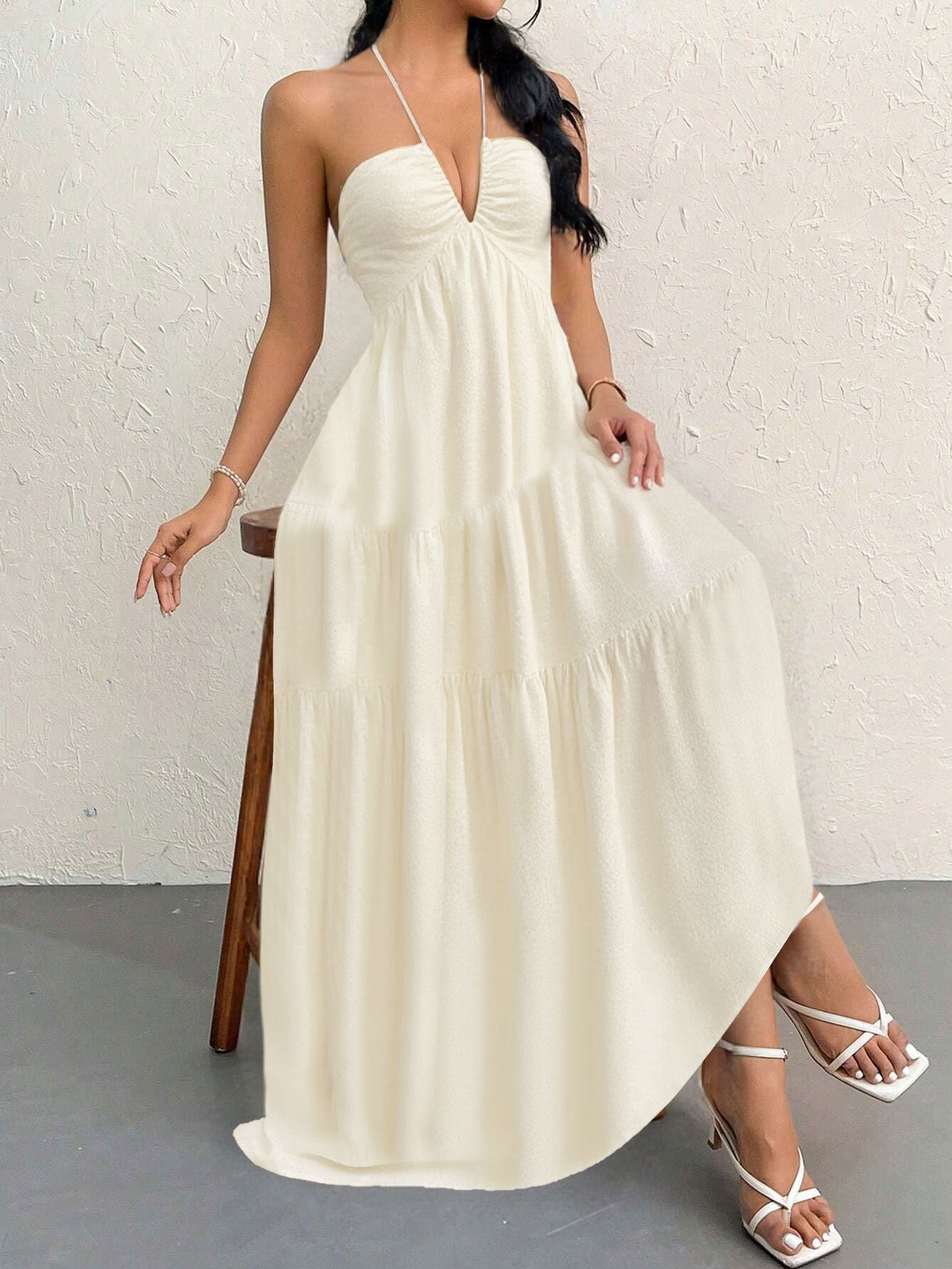 Apricot M Size Women's Elegant Halter Maxi Dress Summer Backless V-Neck Sleeveless Long Beach Resort Gown