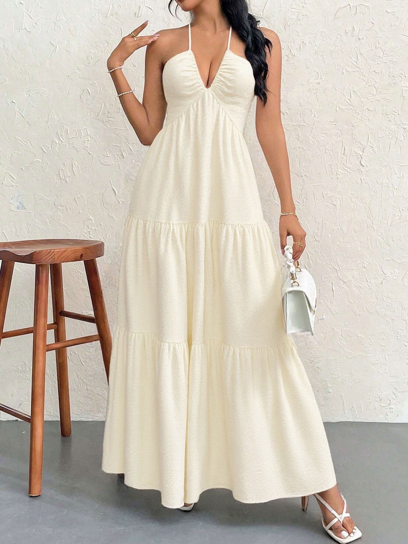 Apricot M Size Women's Elegant Halter Maxi Dress Summer Backless V-Neck Sleeveless Long Beach Resort Gown