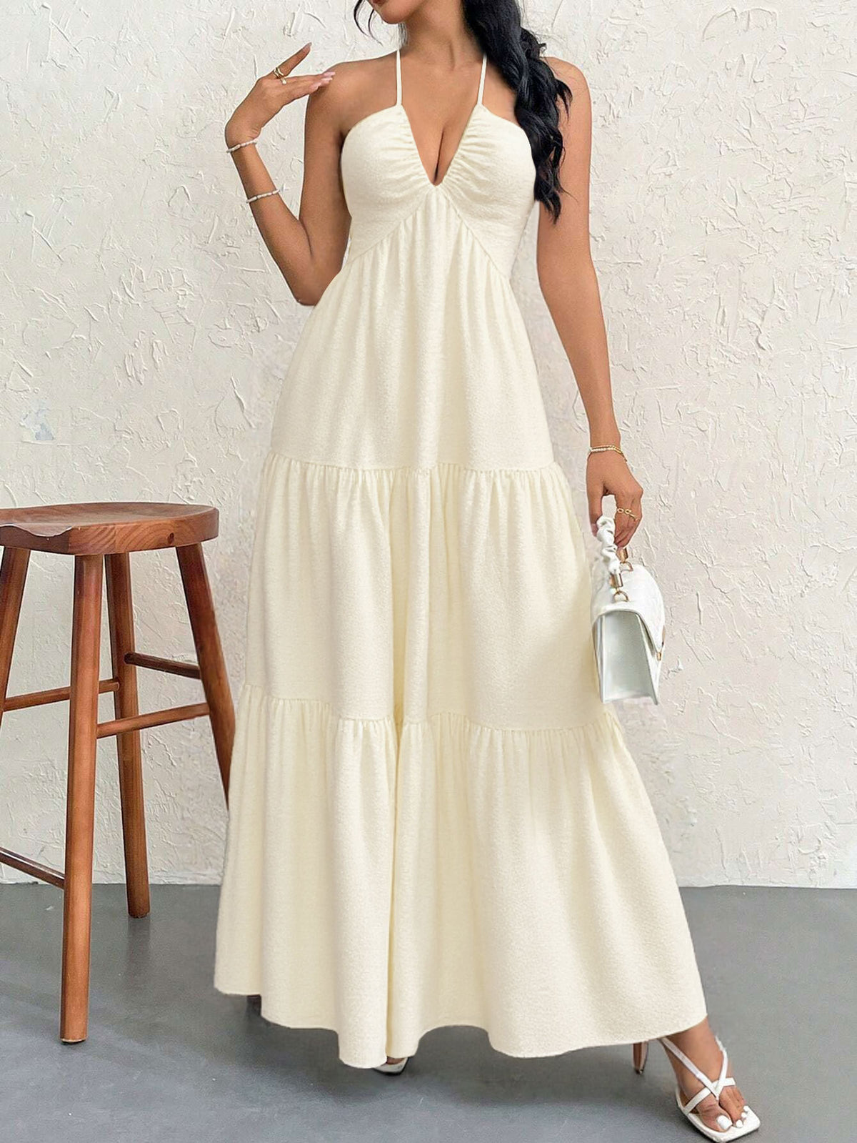 Apricot L Size Women's Elegant Halter Maxi Dress Summer Backless V-Neck Sleeveless Long Beach Resort Gown